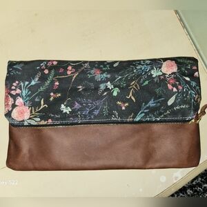 Handmade Floral Black and Brown Leather Clutch